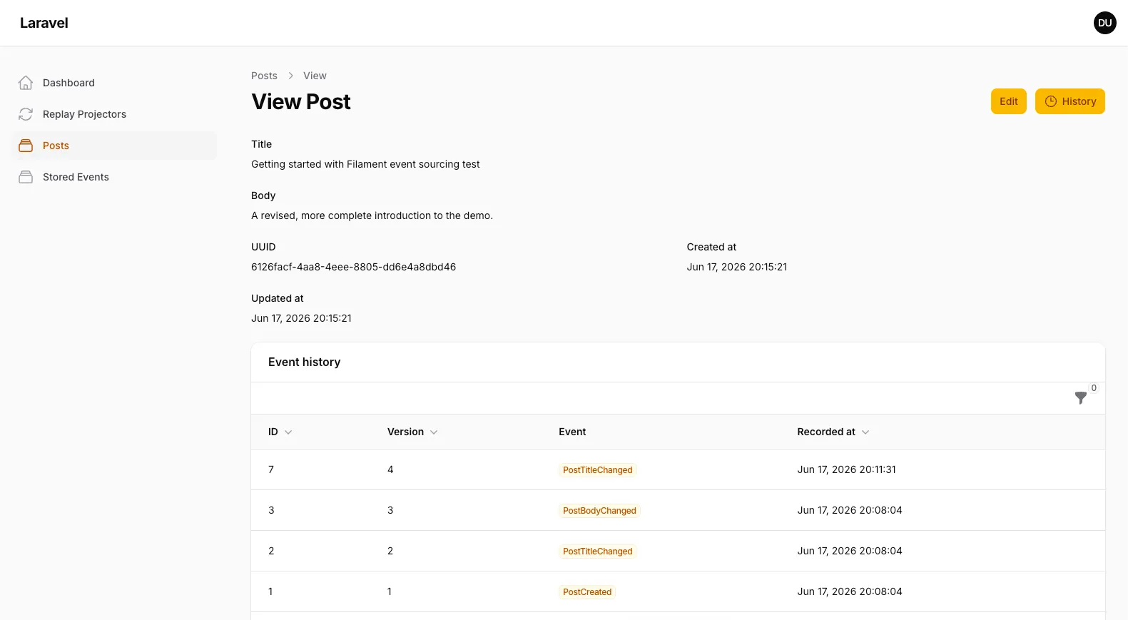 The event history relation tab