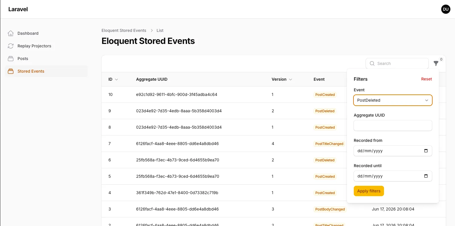 The Stored Events browser