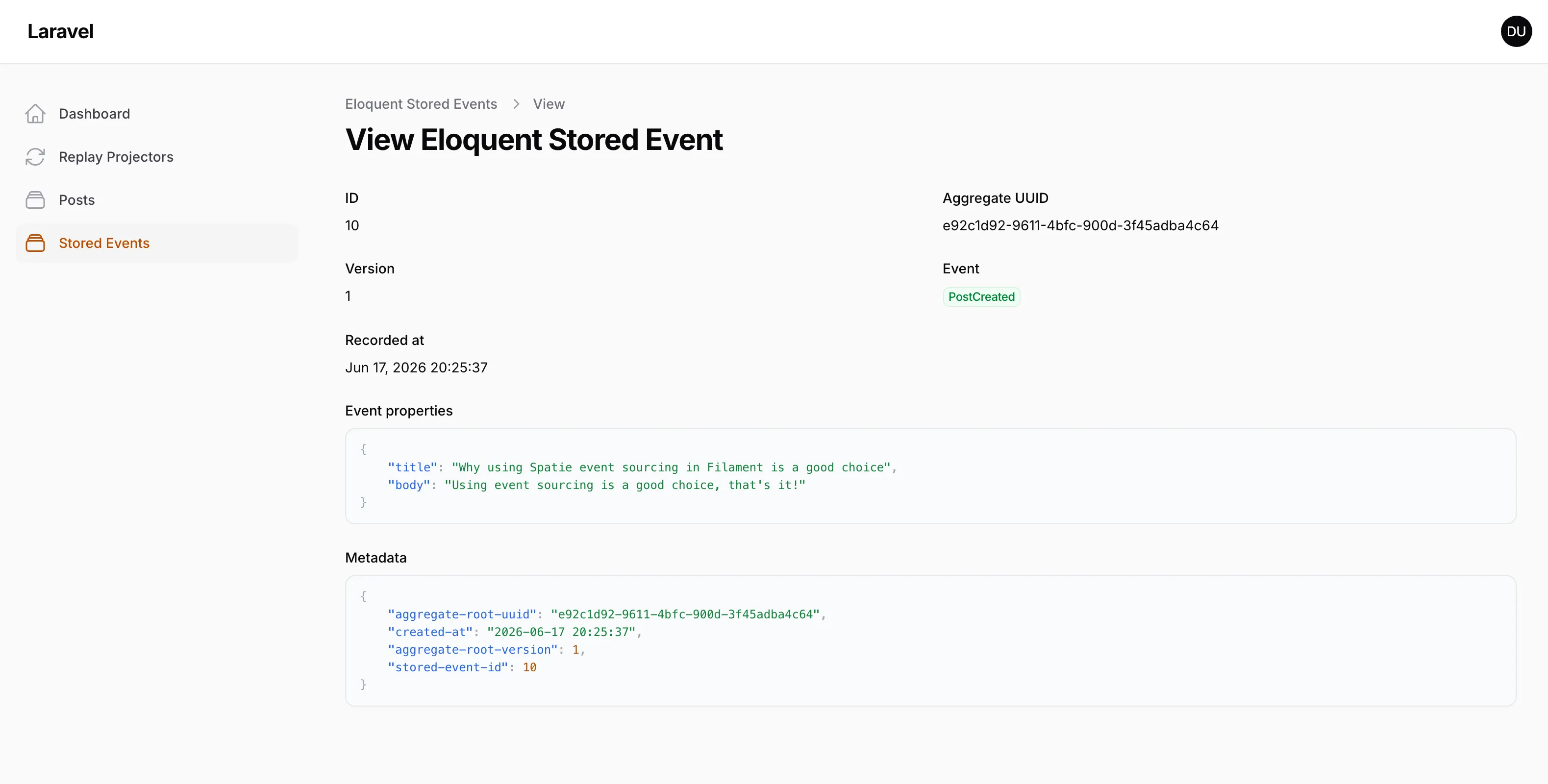A stored event with its payload